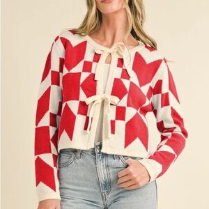 Chic Red and Cream Geometric Cardigan